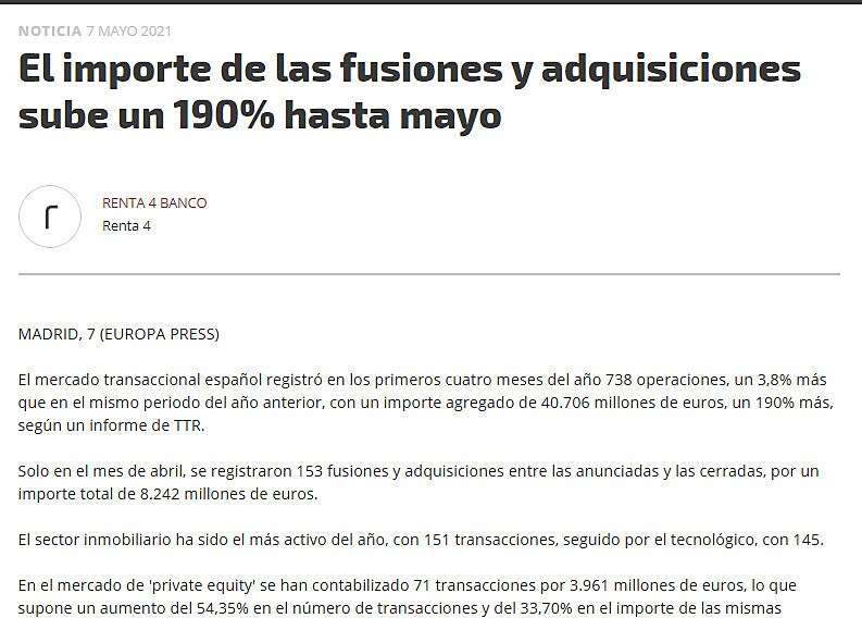 El importe de las fusiones y adquisiciones sube un 190% hasta mayo